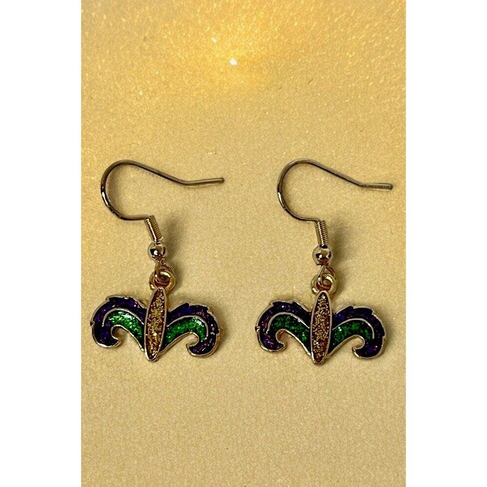 Mardi Gras Glitter Dangle Earrings. Crown